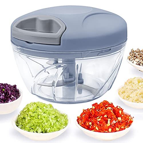 Hand Chopper Manual Food Processor, Pull String to Slice Vegetables,Onions, Tomato, Meat in Seconds,Curved Stainless Steel Removable Blades